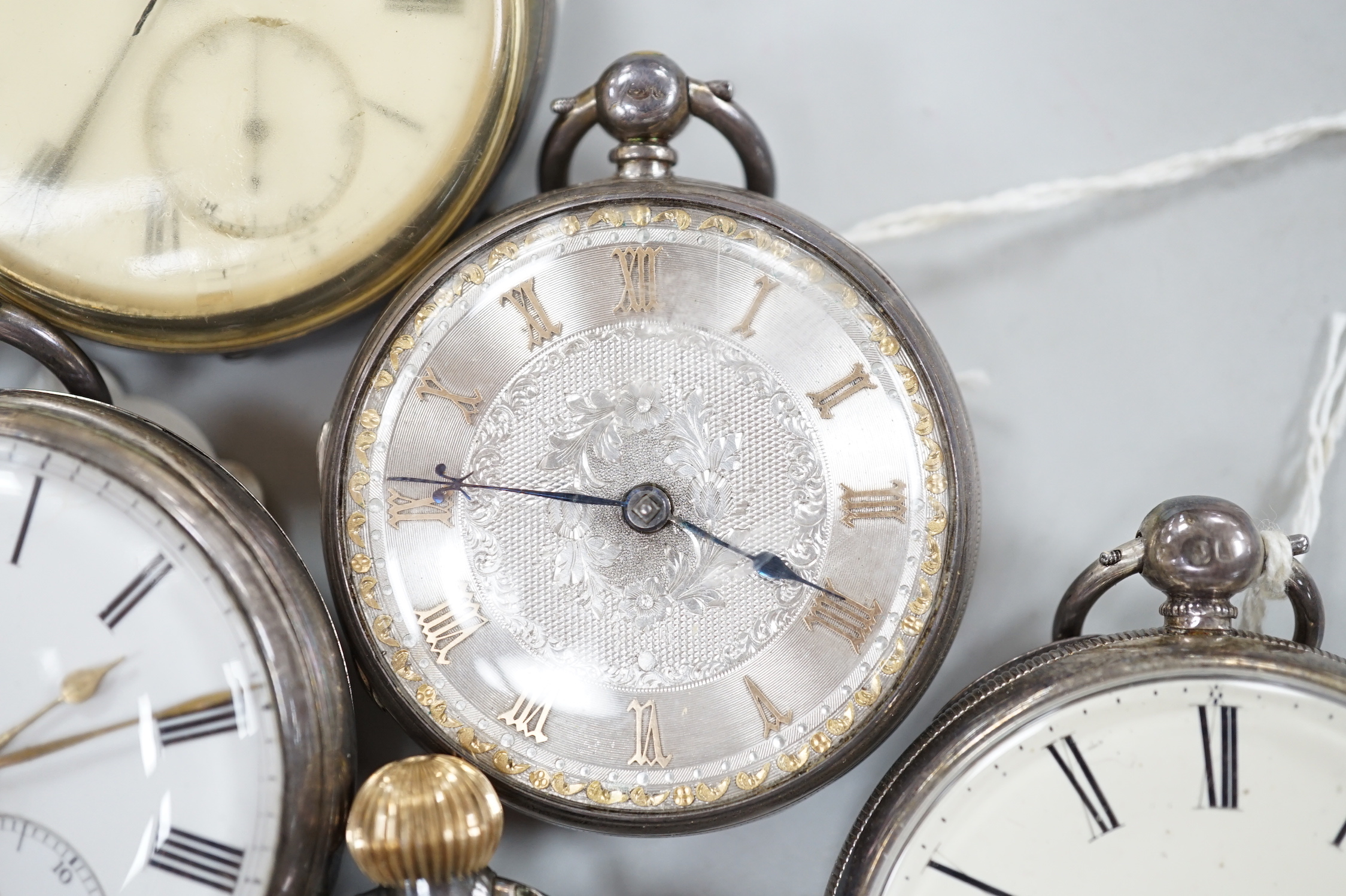 Twelve assorted silver or base metal pocket watches including chrome Omega, Searle & Co and gold plated hunter.